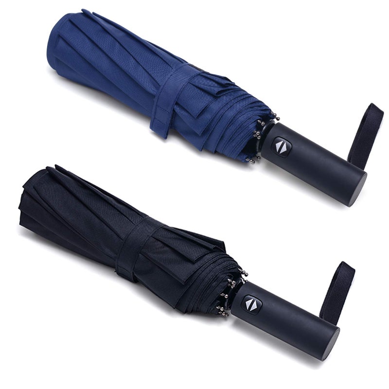 PFFY 2 Packs Travel Umbrella Windproof Auto Open & Close Collapsible Folding Small Compact Backpack Car travel Essentials Purse Umbrellas for Rain Black+Blue - Image 1